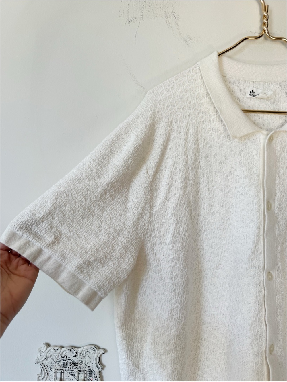 The Commons Off White Cream Cotton Knit Jacquard Button Up Polo Shirt XXL - Picture 3 of 7
